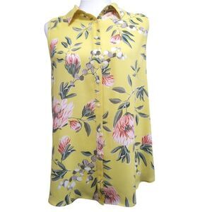 Loft Sleeveless Floral Mixed Media Yellow Button Down Blouse SZ Medium